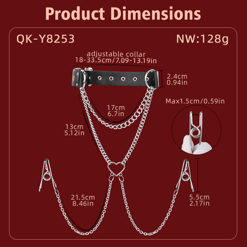 Drape Chain Collar Nipple Clamps with Heart Pendant — BDSM Bondage Nipple Stimulator Set
