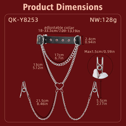 Drape Chain Collar Nipple Clamps with Heart Pendant — BDSM Bondage Nipple Stimulator Set