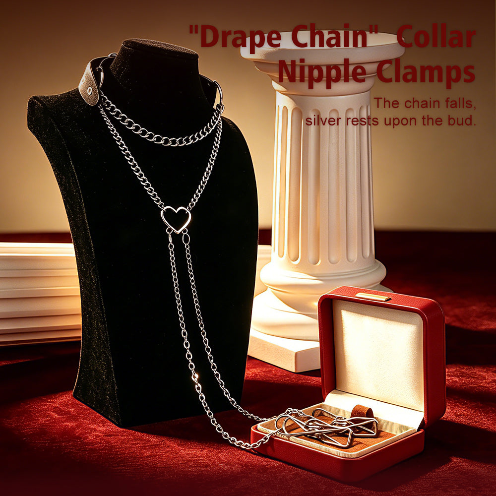 Drape Chain Collar Nipple Clamps with Heart Pendant — BDSM Bondage Nipple Stimulator Set