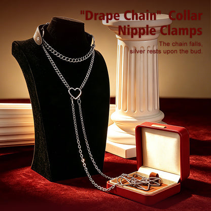 Drape Chain Collar Nipple Clamps with Heart Pendant — BDSM Bondage Nipple Stimulator Set