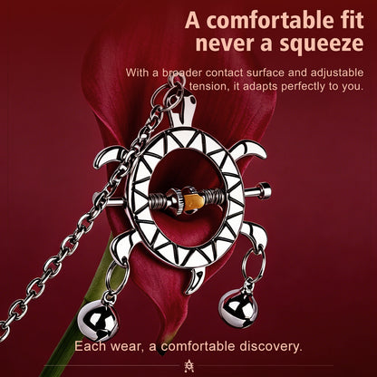 Turtle Spring Nipple Clamps with Double Bells & Chain — Adjustable Metal BDSM Clamps for Sensation Play & Intimate Gifting