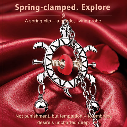Turtle Spring Nipple Clamps with Double Bells & Chain — Adjustable Metal BDSM Clamps for Sensation Play & Intimate Gifting
