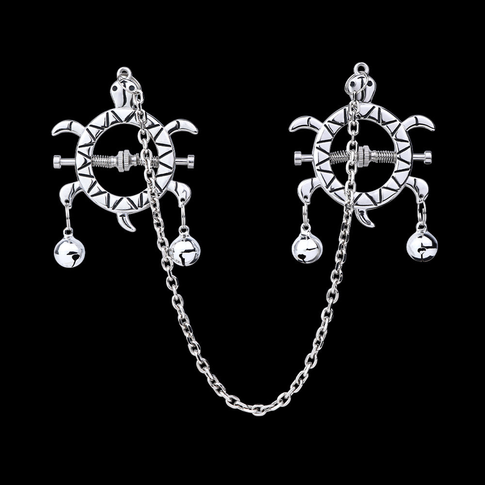 Turtle Spring Nipple Clamps with Double Bells & Chain — Adjustable Metal BDSM Clamps for Sensation Play & Intimate Gifting