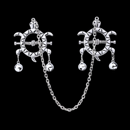 Turtle Spring Nipple Clamps with Double Bells & Chain — Adjustable Metal BDSM Clamps for Sensation Play & Intimate Gifting