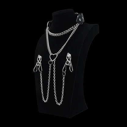 Drape Chain Leather Collar Nipple Clamps Set — BDSM Bondage Nipple Stimulator with Heart Chain