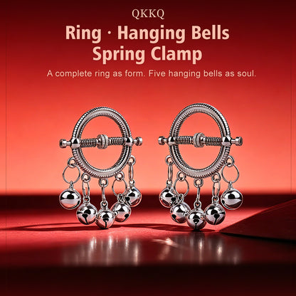 Bell-Drop Ring Nipple Clamps with Hanging Bells — Adjustable Spring Clamp for Sensory BDSM Play