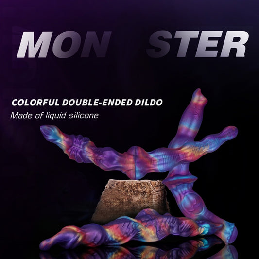 Domlust Double Ended Knotted Dildo – Platinum Silicone Iridescent Fantasy Monster Toy for Lesbian Couples & Shared Play