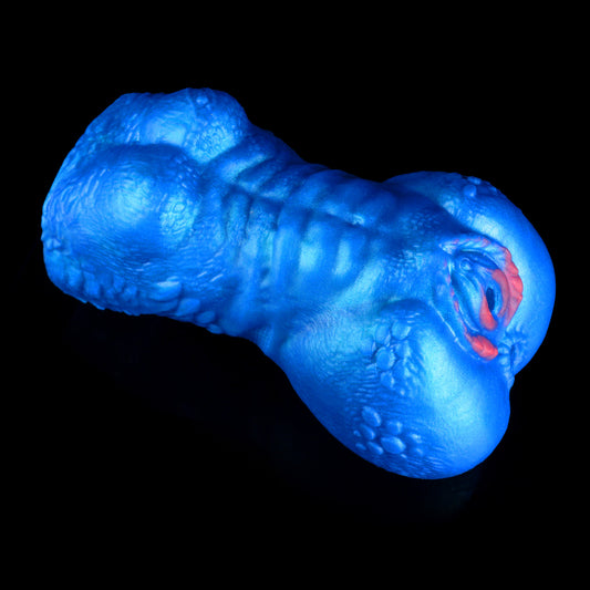 Blauflossiger Raubtier-Alien-Torso-Taschenmuschi – Zweikanaliger Platin-Silikon-Männer-Masturbator