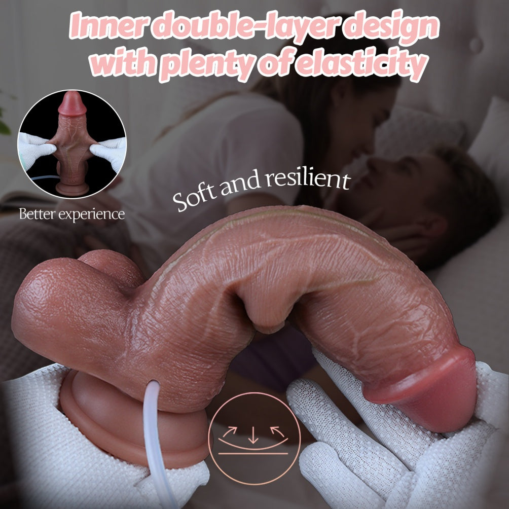 8,5" realistischer Spritzdildo mit gleitender Vorhaut - Doppellagiger Saugnapf-Penis zur weiblichen Masturbation