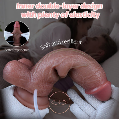 8,5" realistischer Spritzdildo mit gleitender Vorhaut - Doppellagiger Saugnapf-Penis zur weiblichen Masturbation