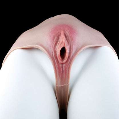 Platin-Silikon Realistische Pussy Panties mit einführbarer Vagina — Tragbarer Fake Vagina Slip für Feminierungs-Rollenspiele