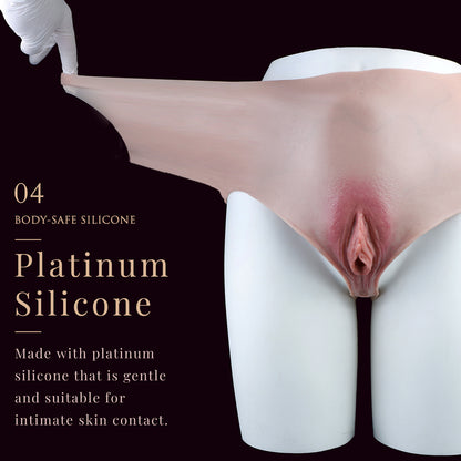 Platin-Silikon Realistische Pussy Panties mit einführbarer Vagina — Tragbarer Fake Vagina Slip für Feminierungs-Rollenspiele